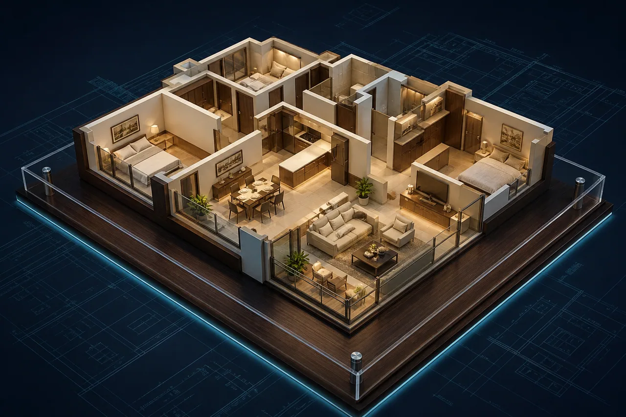Concept imagery showing a three-quarter presentation view of an apartment sales-gallery model with removable roof and warm interior lighting