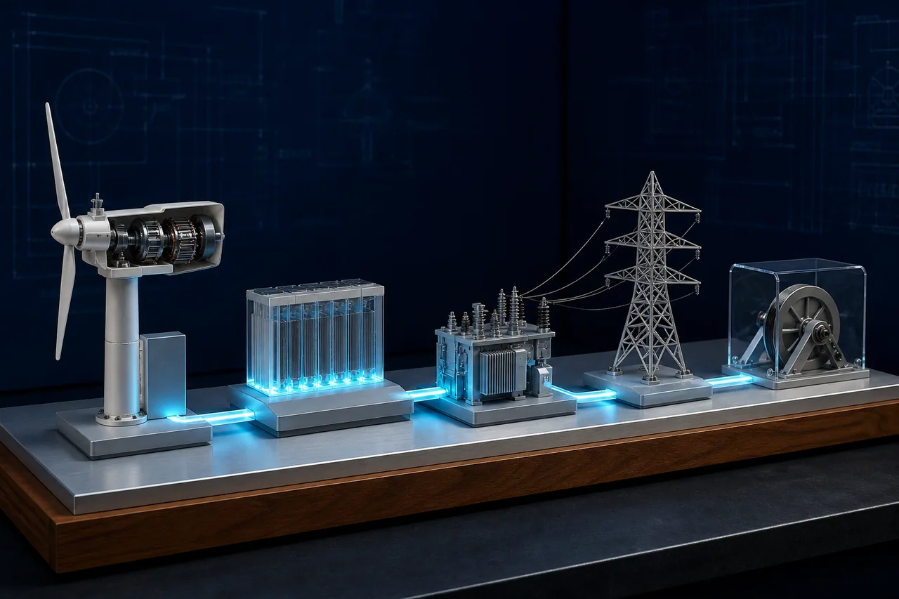 Concept imagery of a cyan-lit clean-energy process exhibit with sectional components