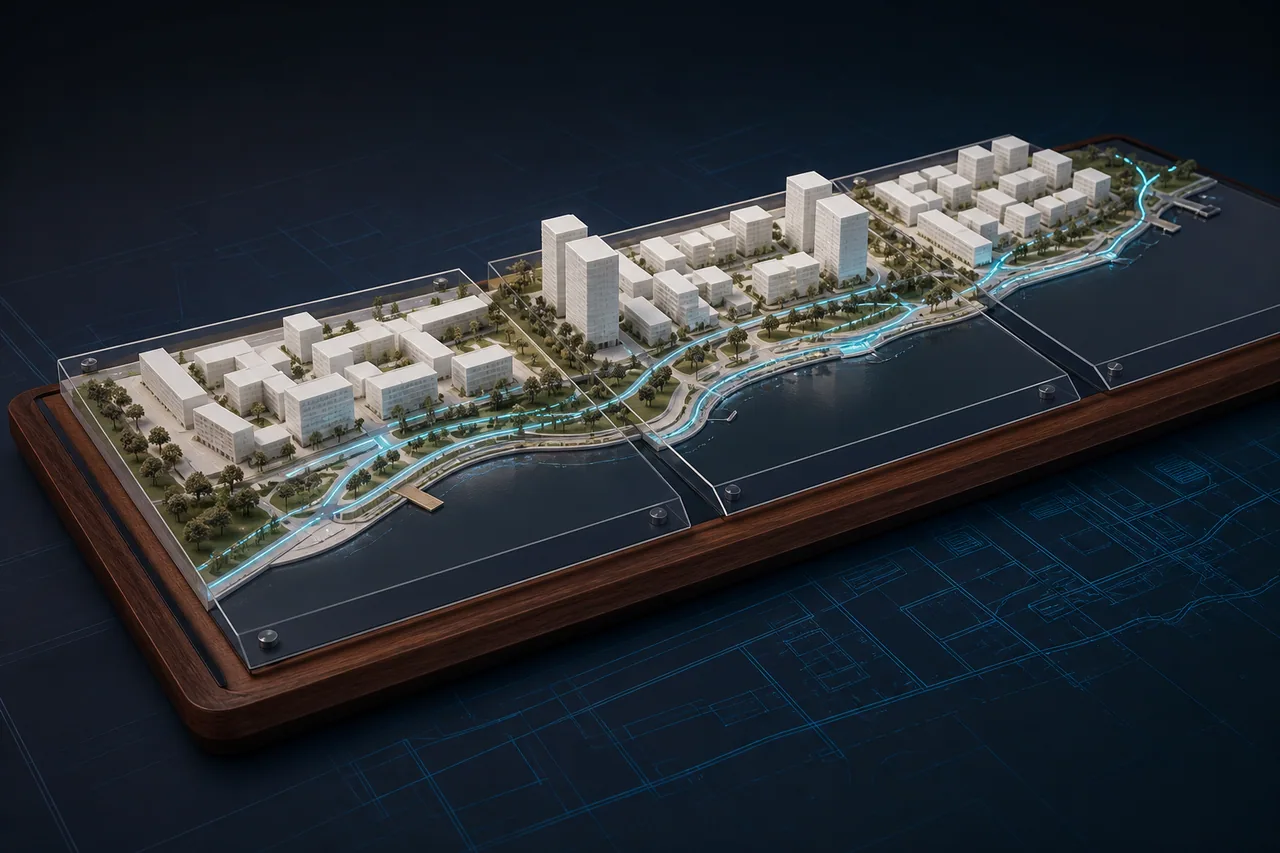 Concept imagery of an illuminated riverfront masterplan presentation model