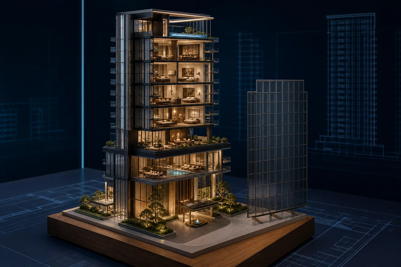 Concept imagery of an illuminated tower sales-section model with removable facade