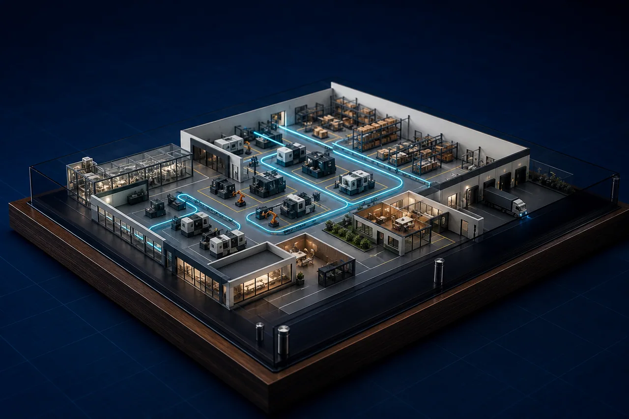 Concept imagery showing a three-quarter presentation view of a sectional factory and warehouse model with cyan process-flow illumination