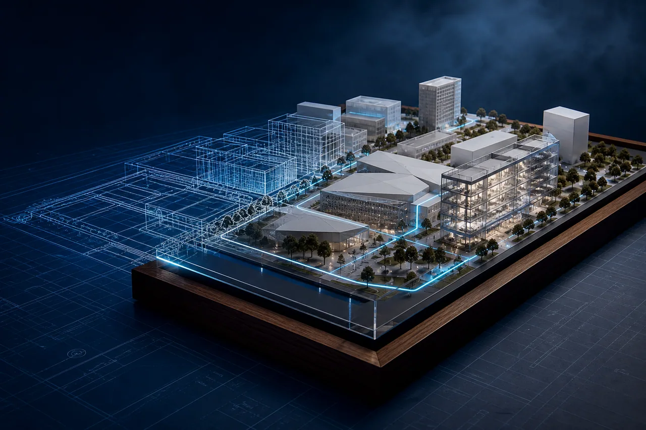 Pre-launch concept poster showing a presentation model composed over technical blueprints