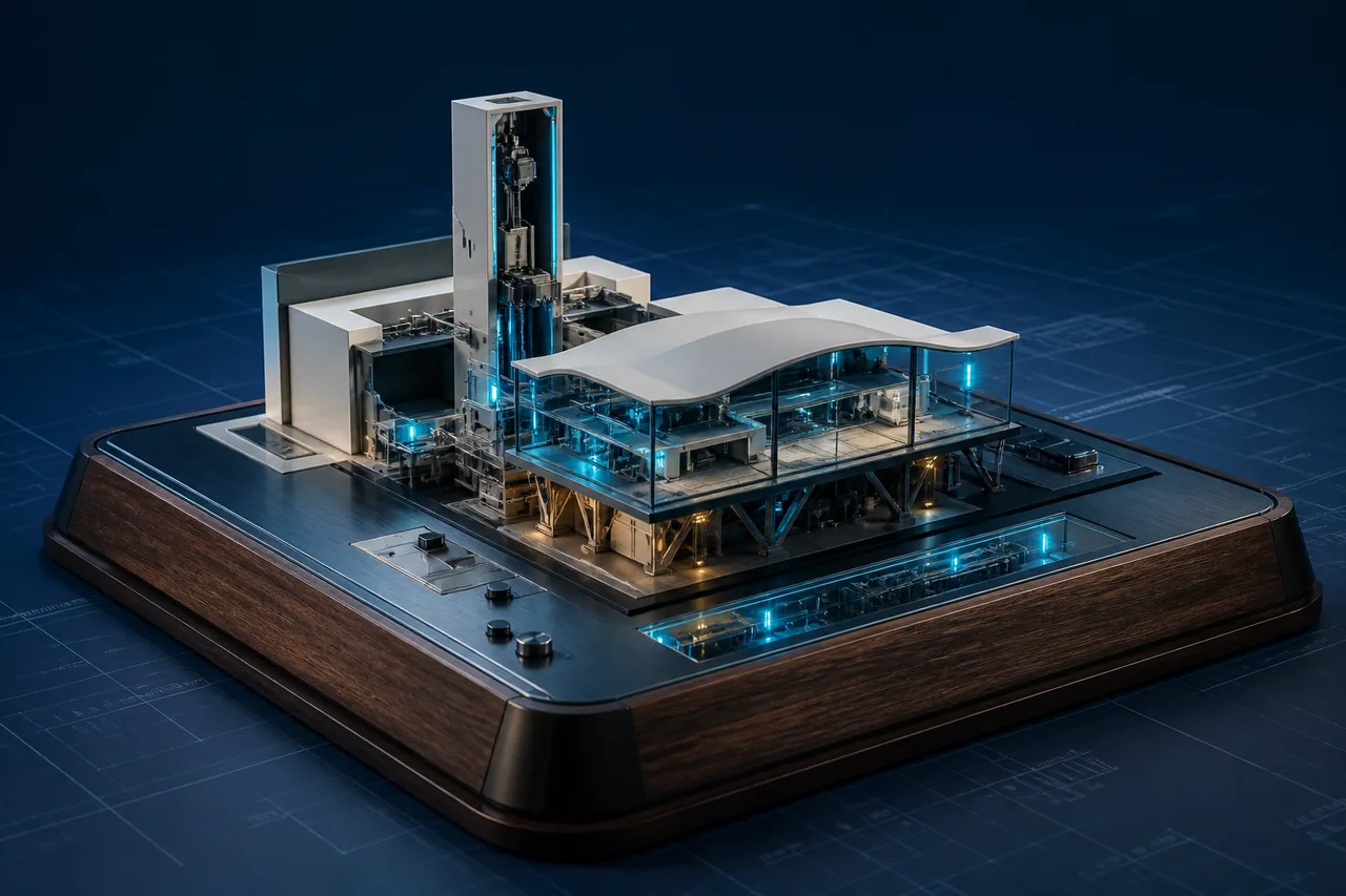 Concept imagery showing a three-quarter presentation view of an interactive architectural process model with cyan LED callouts and guarded moving components