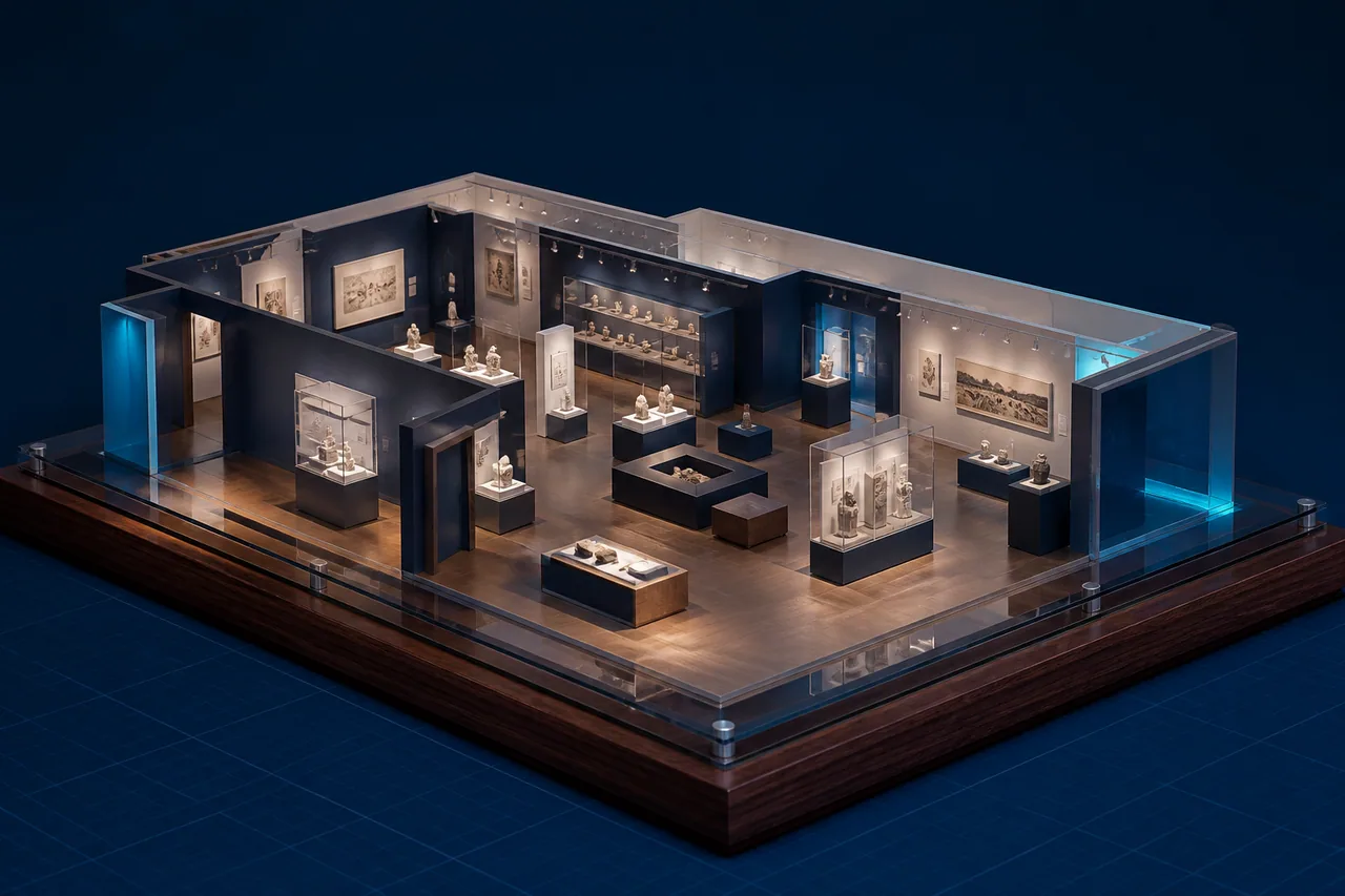 Concept imagery showing a three-quarter presentation view of a removable-wall exhibition interior model with modular display furniture