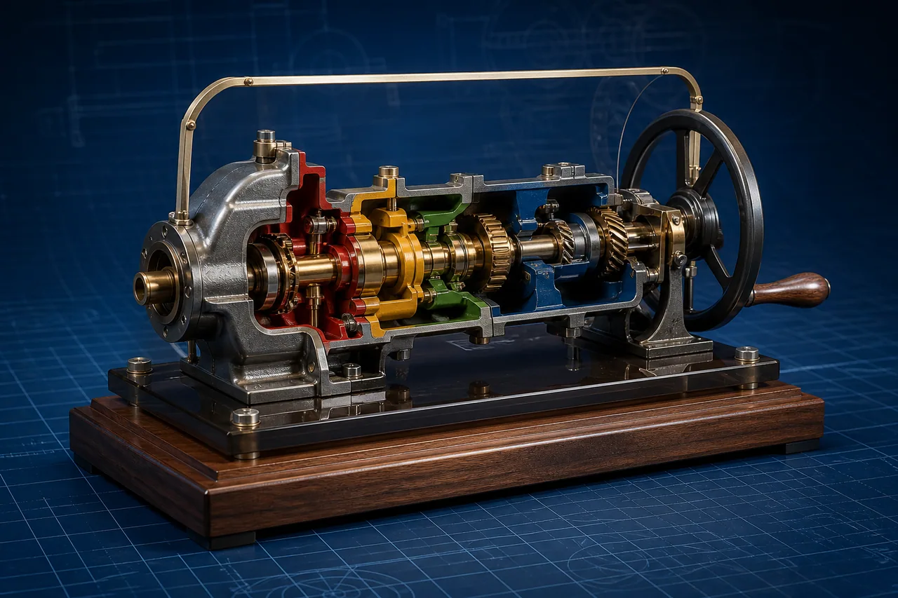 Concept imagery showing a three-quarter presentation view of a premium machinery cutaway model with removable casing and labelled internal process path