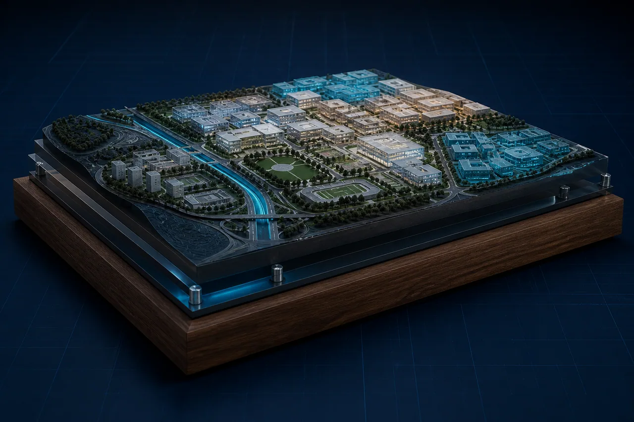 Concept imagery showing a three-quarter presentation view of a large illuminated urban masterplan with phased districts and transport corridors