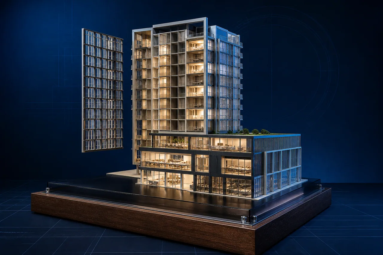 Concept imagery showing a three-quarter presentation view of an illuminated mixed-use tower sectional model on a smoked acrylic base
